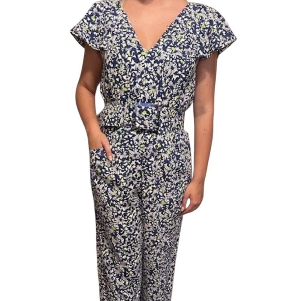 Tanya Taylor linen Avalon jumpsuit blue green floral belt ruffle 14 like new